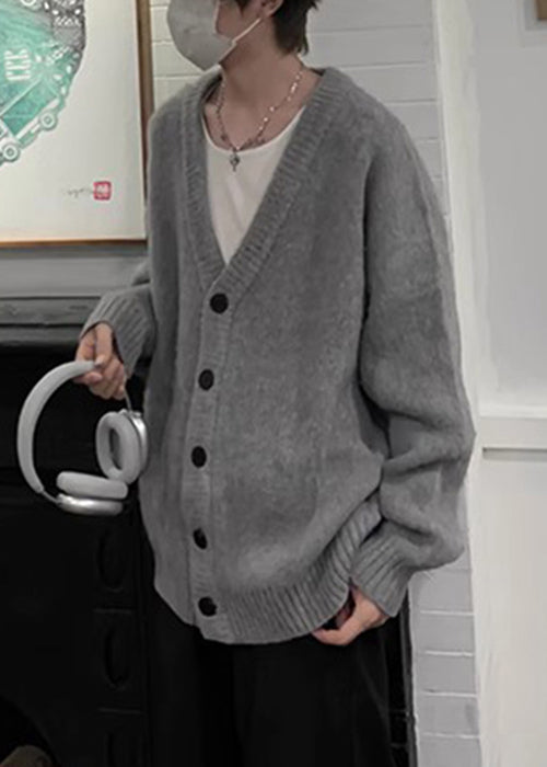 Neck V Spring Knit Cardigans Button Grey