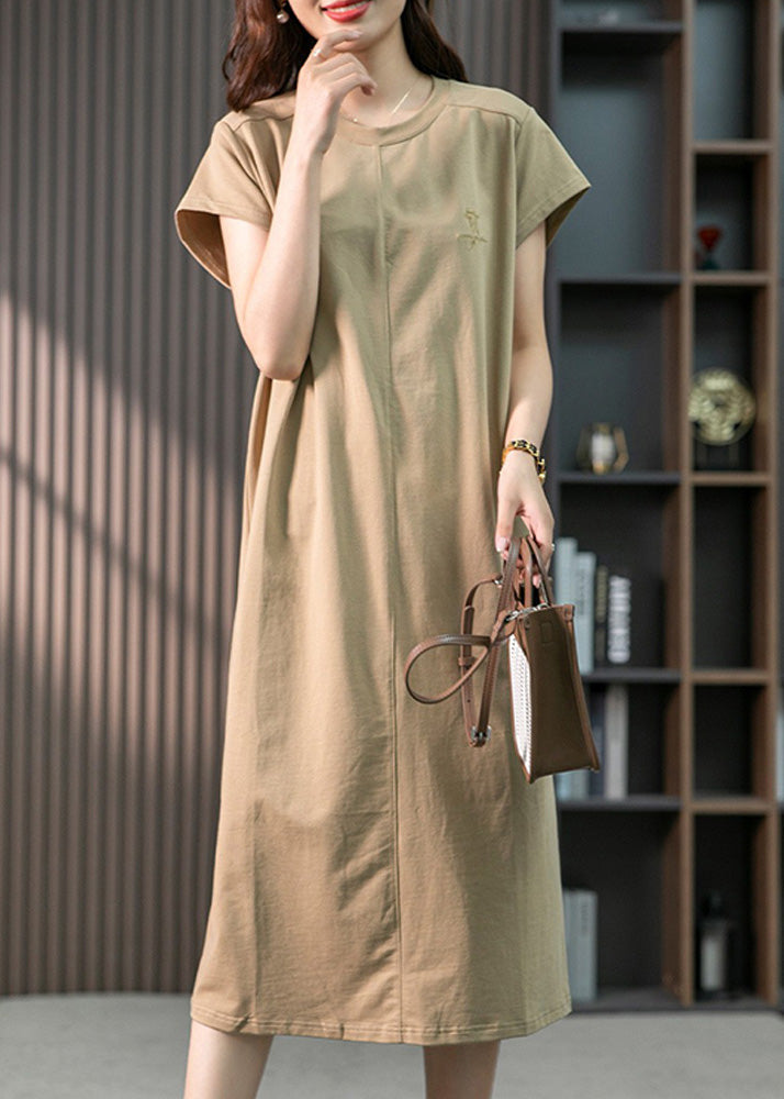 Khaki O-neck Embroideried Cozy Cotton Maxi Dresses Short Sleeve Ly1759