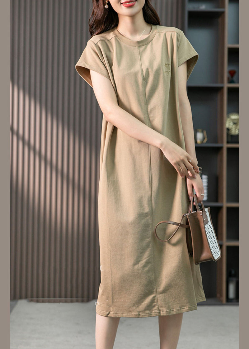 Khaki O-neck Embroideried Cozy Cotton Maxi Dresses Short Sleeve Ly1759