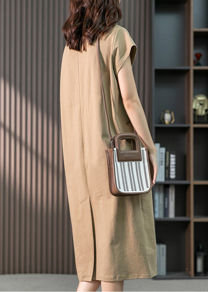 Khaki O-neck Embroideried Cozy Cotton Maxi Dresses Short Sleeve Ly1759