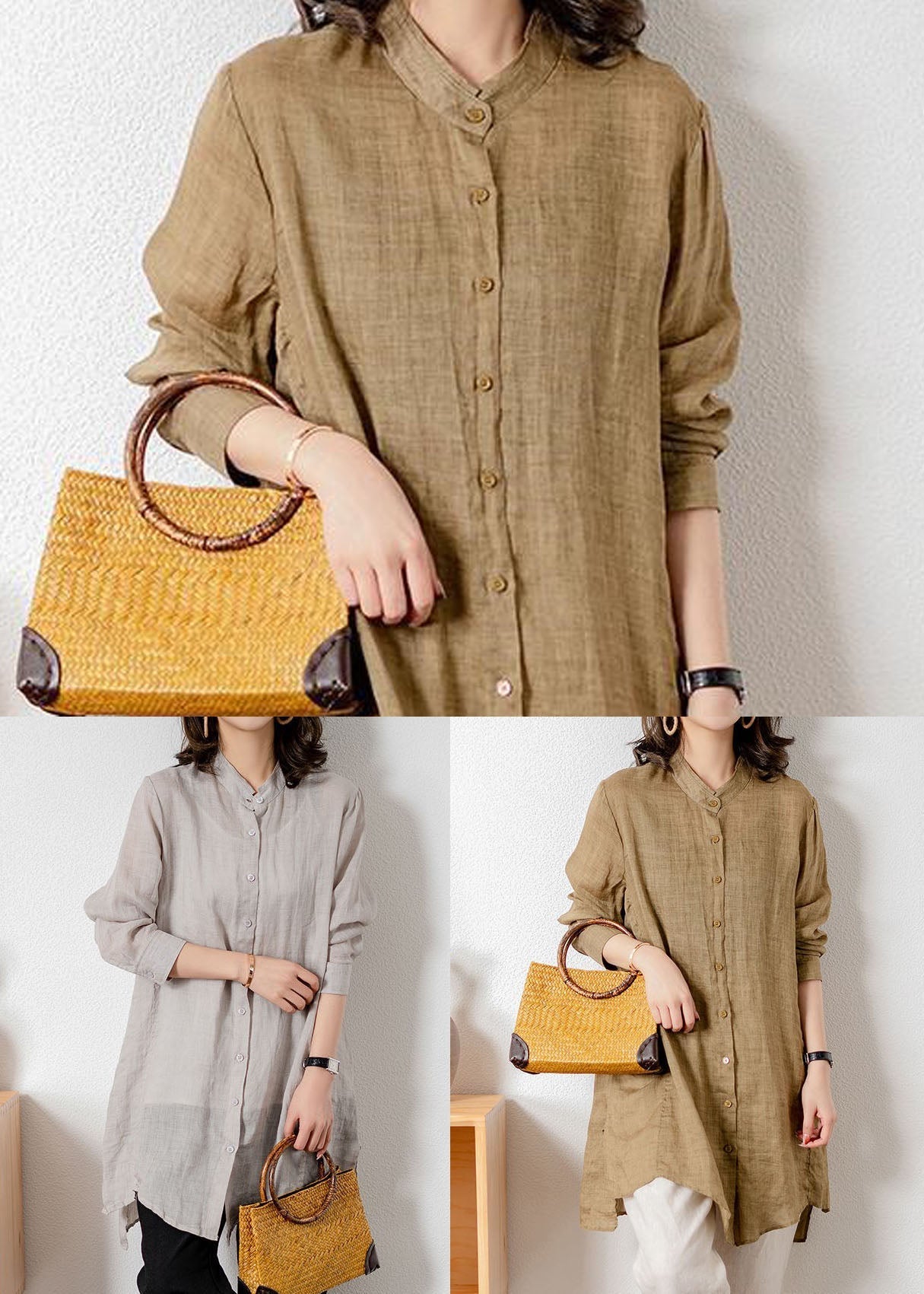 Grey Patchwork Linen Blouses Button Bracelet Sleeve Ly1476