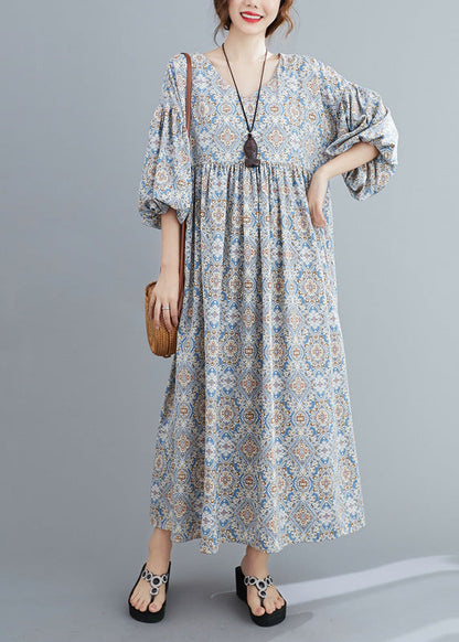 Light Blue Print Wrinkled Long Dresses Lantern Sleeve Ac2012