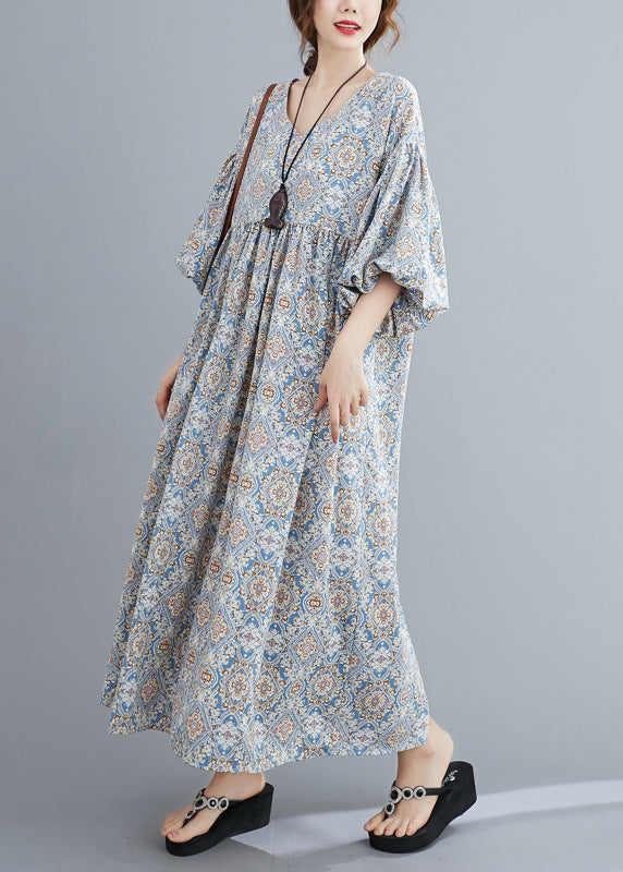 Light Blue Print Wrinkled Long Dresses Lantern Sleeve Ac2012
