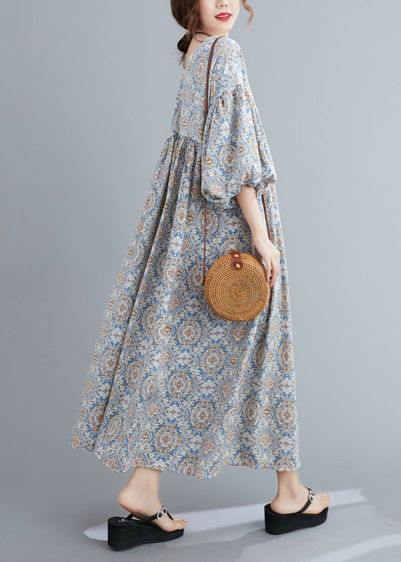 Light Blue Print Wrinkled Long Dresses Lantern Sleeve Ac2012