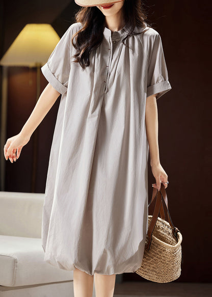 Light Grey Stand Collar Button Cotton Long Dress Summer Ww026