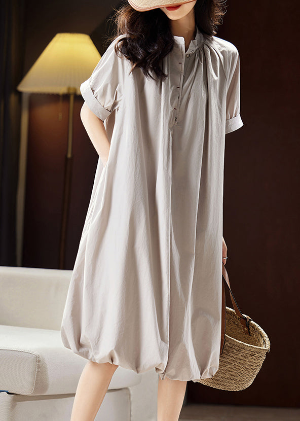 Light Grey Stand Collar Button Cotton Long Dress Summer Ww026