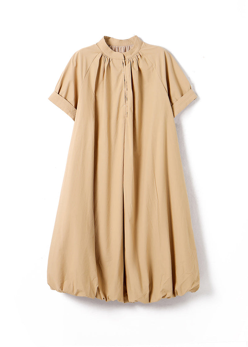 Light Grey Stand Collar Button Cotton Long Dress Summer Ww026