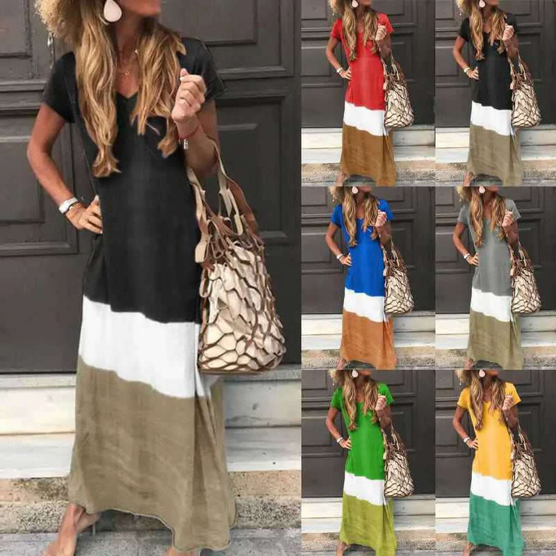 Loose Contrasting Colors Long Dresses Summer V-neck Short Sleeves Maxi Dress Female Commuting Vestidos New