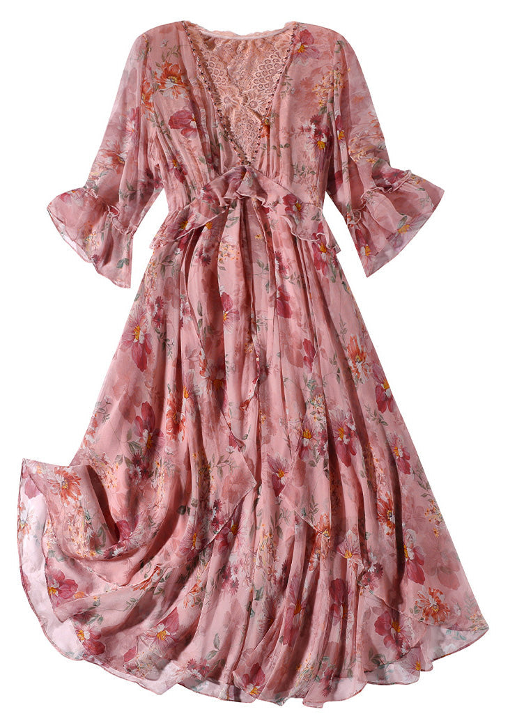 Pink V Neck Print Tie Waist Silk Long Dresses Spring Ly0136