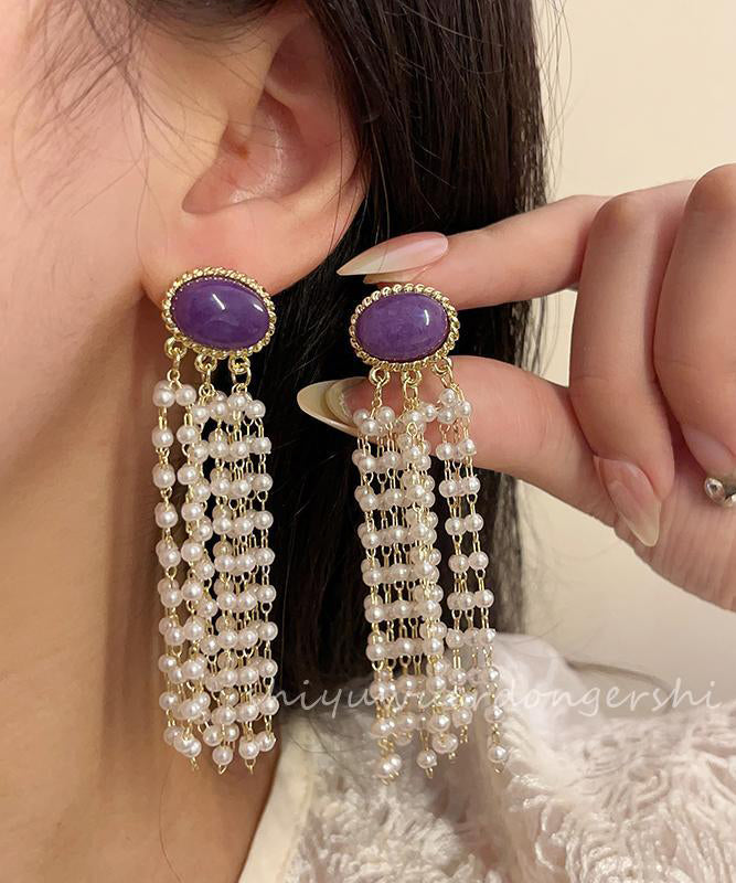 Purple Alloy Pearl Resin Tassel Drop Earrings