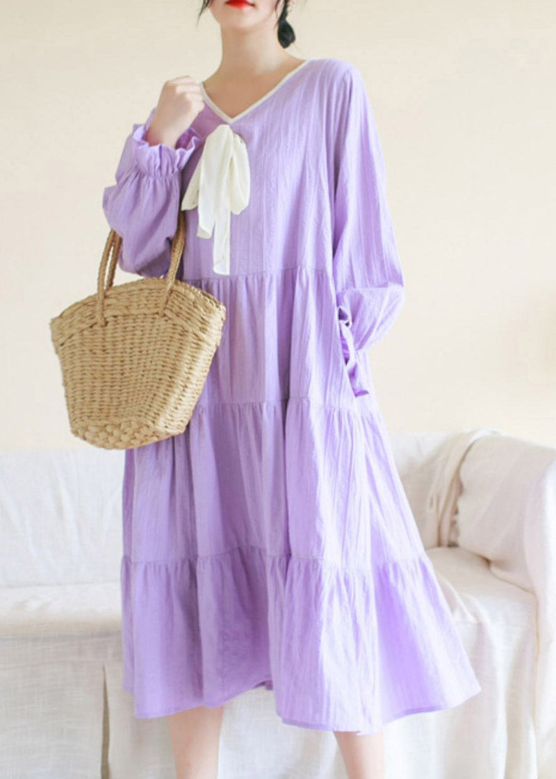 Purple V Neck Patchwork Cotton Maxi Dress Long Sleeve Ti1013