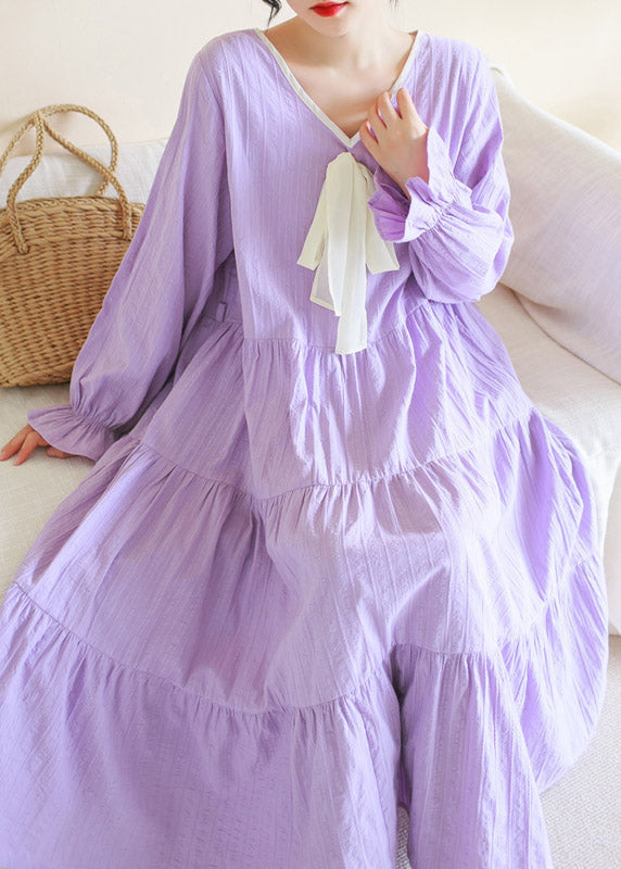 Purple V Neck Patchwork Cotton Maxi Dress Long Sleeve Ti1013