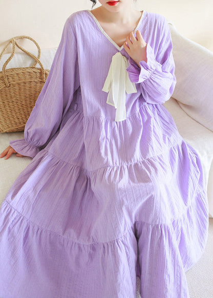 Purple V Neck Patchwork Cotton Maxi Dress Long Sleeve Ti1013