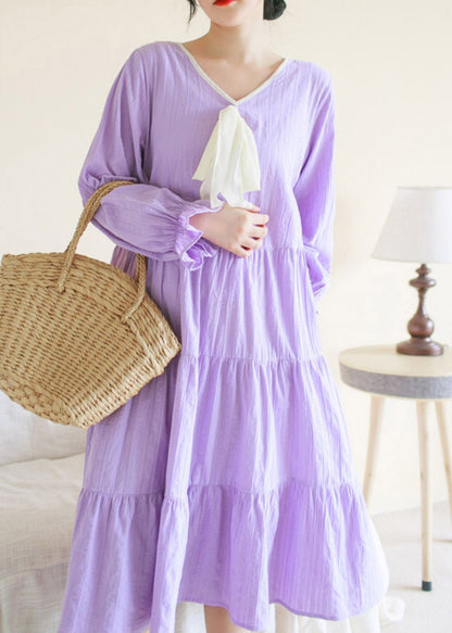 Purple V Neck Patchwork Cotton Maxi Dress Long Sleeve Ti1013
