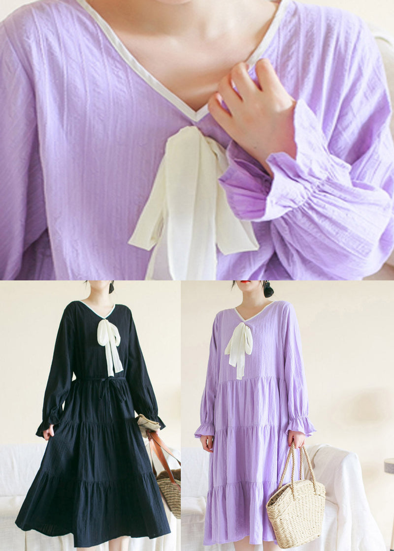Purple V Neck Patchwork Cotton Maxi Dress Long Sleeve Ti1013