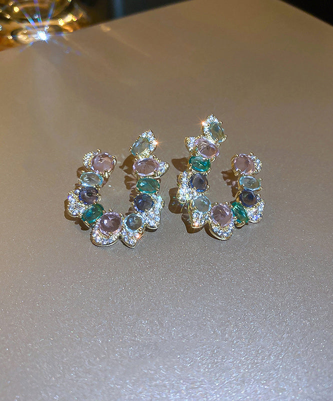 Rainbow Copper Zircon Crystal Asymmetric U Shaped Hoop Earrings