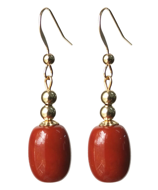 Red 14k Gold Agate Bucket Beads Drop Earrings