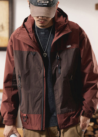 Zippered Spring Red Cotton Patchwork Coat Hooded