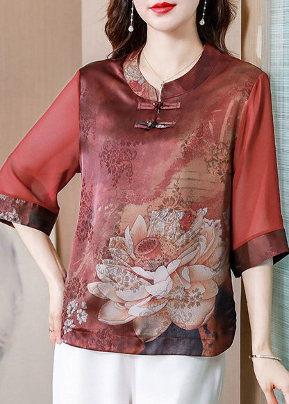 Red Stand Collar Print Patchwork Silk Blouses Summer Ly0431