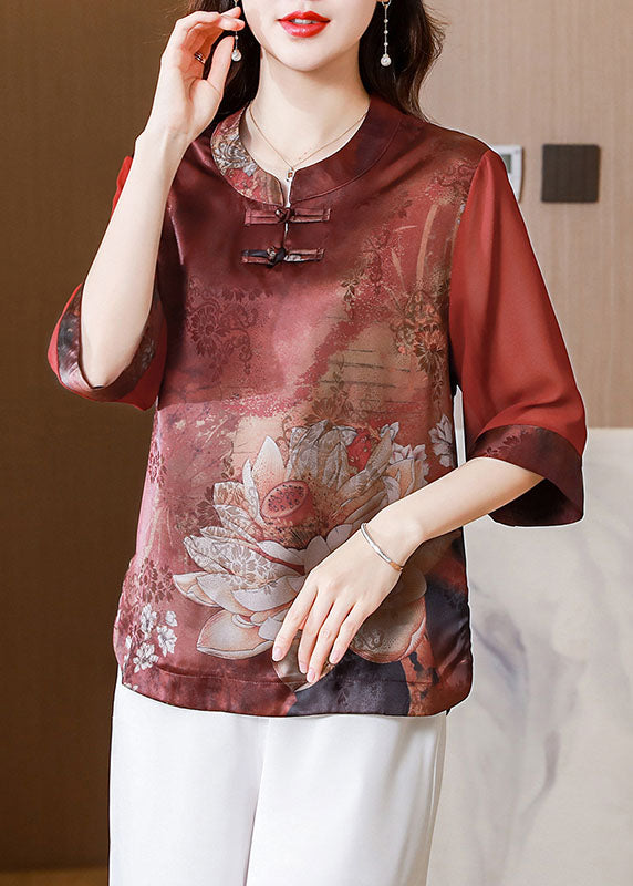 Red Stand Collar Print Patchwork Silk Blouses Summer Ly0431