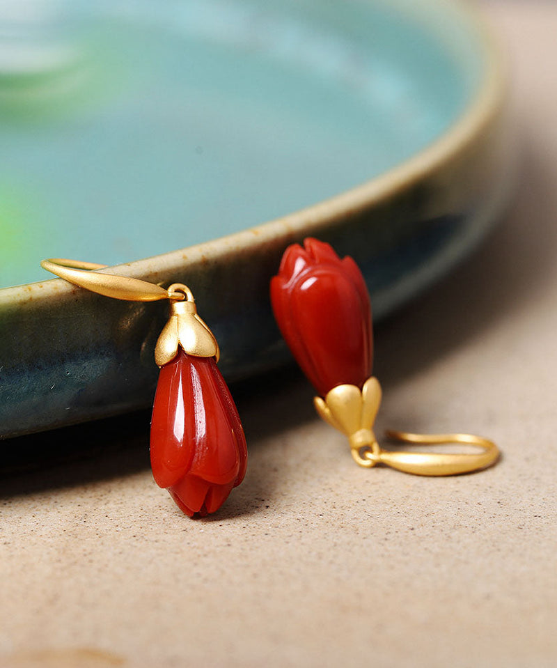 Red Sterling Silver Overgild Inlaid Agate Orchid Drop Earrings