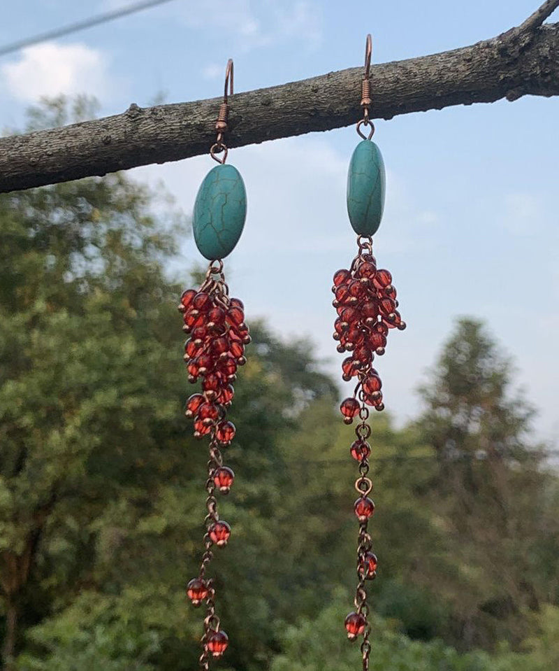 Red Sterling Silver Overgild Turquoise Pomegranate Tassel Drop Earrings
