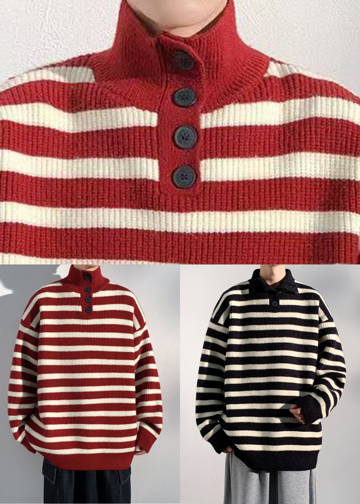 Red Striped Button Knit Sweaters Winter Rj044