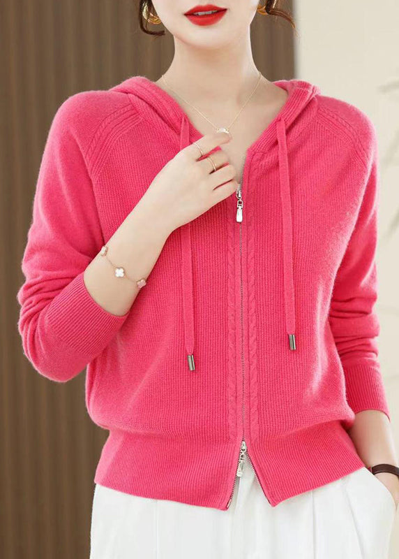 Red Zip Up Wool Knit Hooded Cardigans Spring Yy027