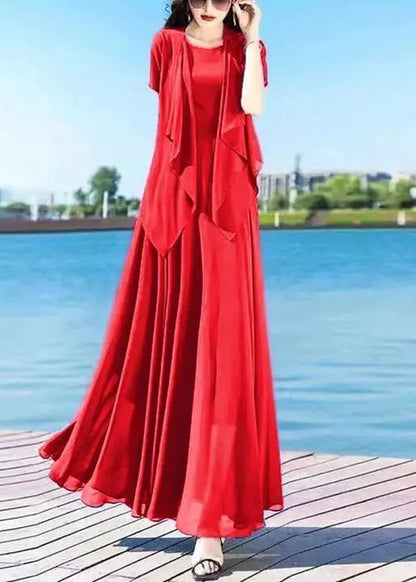 Royalblue O-neck Chiffon Cardigans and Long Dress Two Pieces Set Summer Ly1698
