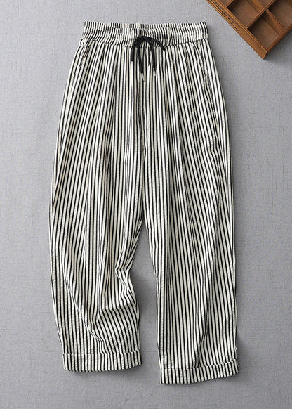 Striped Lace Up Elastic Waist Cotton Crop Pants Summer Gg020