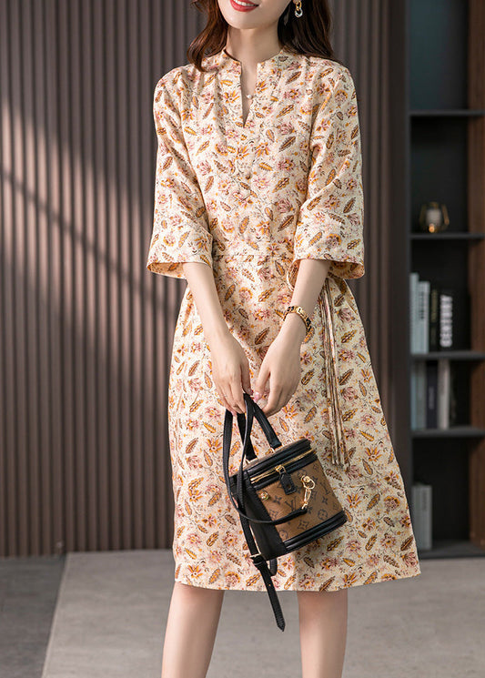 V Neck Print Tie Waist Linen Long Dress Spring Ly1734