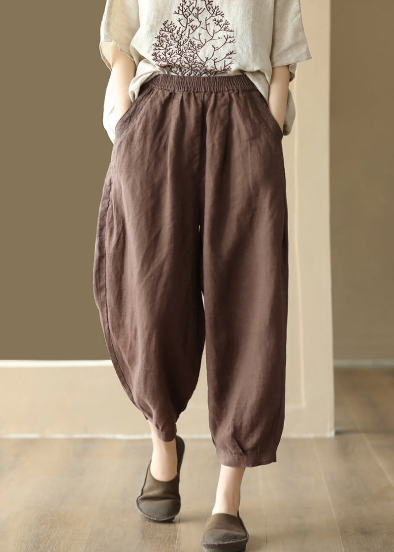 Linen Color Pockets Elastic Waist Harem Pants Summer Bv047