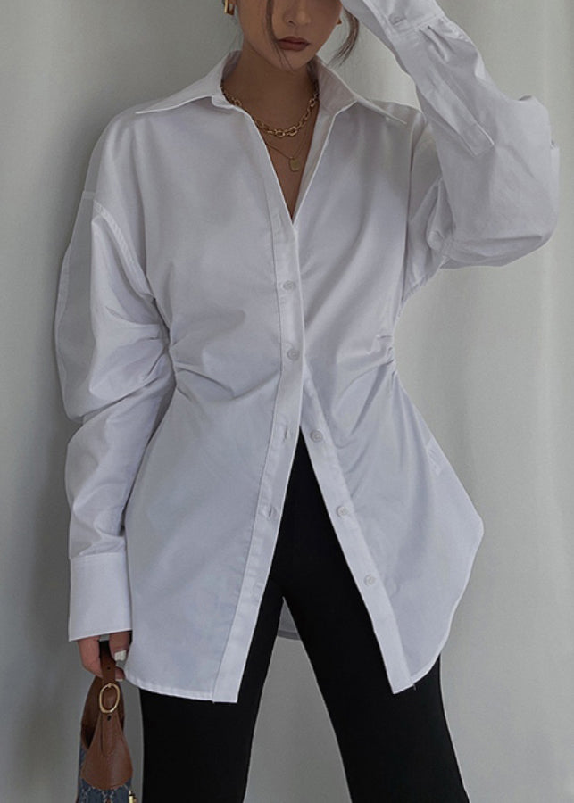 White Cinched Cotton Blouse Tops Spring Tz028
