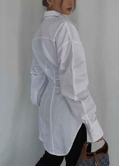 White Cinched Cotton Blouse Tops Spring Tz028