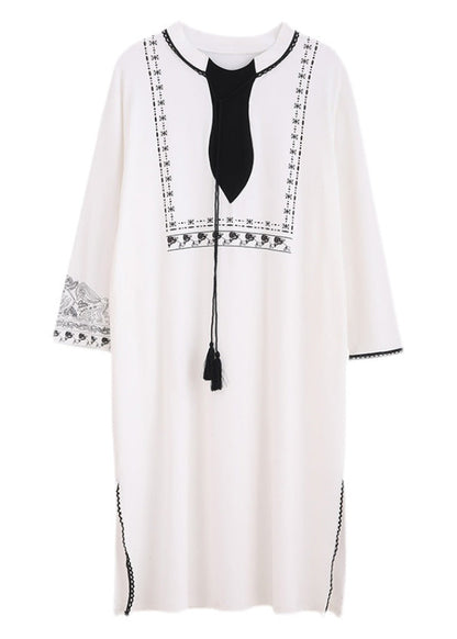 White O-neck Print Side Open Cotton Long Dress Spring Ly1888