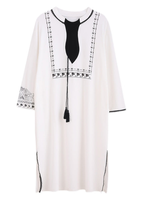 White O-neck Print Side Open Cotton Long Dress Spring Ly1888