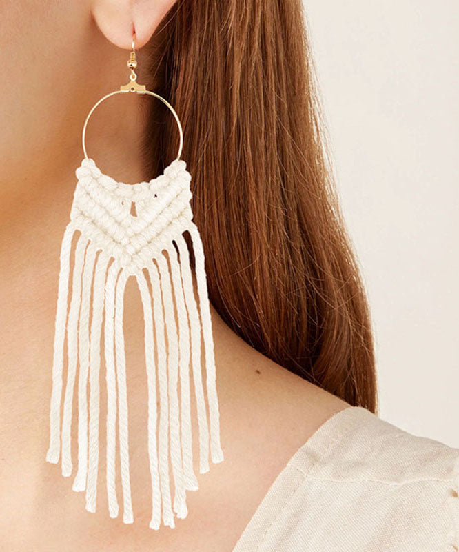 White Overgild Hand Knitting Cotton Thread Tassel Drop Earrings