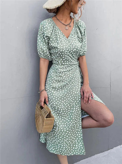 Chiffon Side Wrap Polka Dot Puff A-line Split Midi Dresses