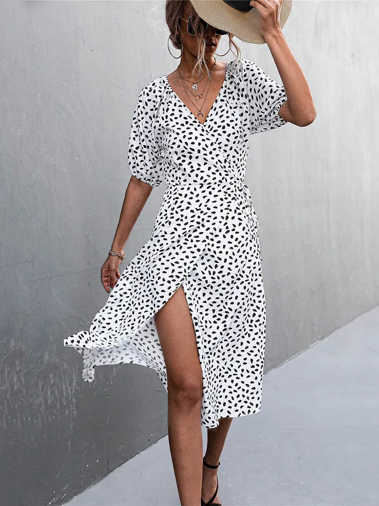 Chiffon Side Wrap Polka Dot Puff A-line Split Midi Dresses