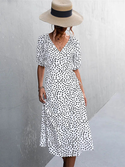 Chiffon Side Wrap Polka Dot Puff A-line Split Midi Dresses