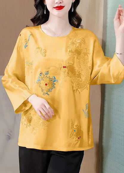 Yellow Embroidered Silk Blouse Tops Spring Ha1048