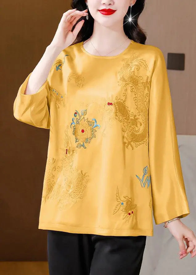Yellow Embroidered Silk Blouse Tops Spring Ha1048