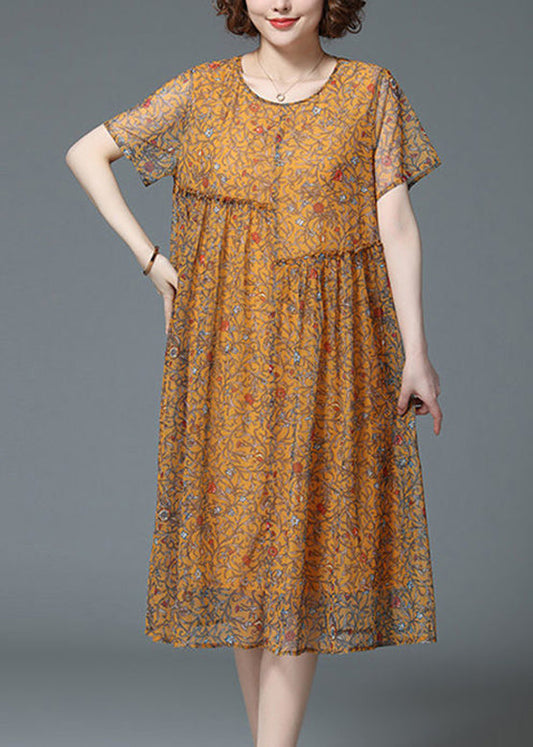 Yellow O-neck Print Patchwork Tulle Long Dresses Summer Vb1020