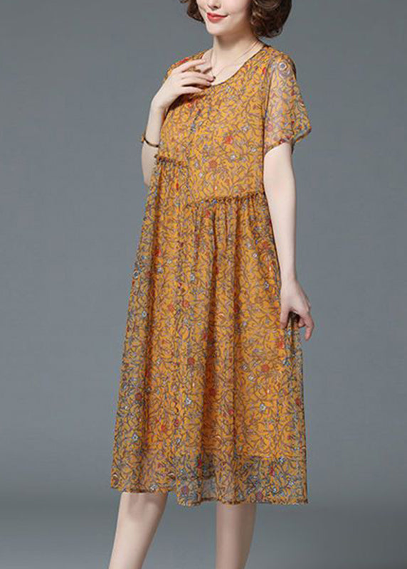 Yellow O-neck Print Patchwork Tulle Long Dresses Summer Vb1020