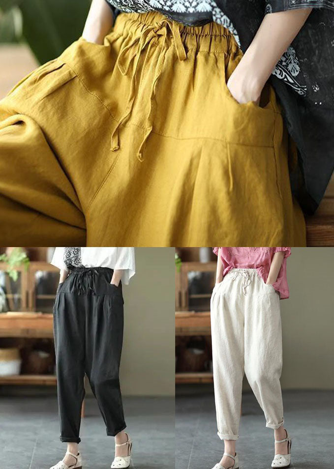 Beige Pockets Patchwork Linen Pants Elastic Waist Summer Ly0628