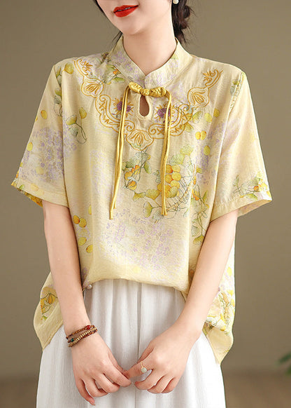 Yellow Tasseled Print Linen Blouses Summer Tm042