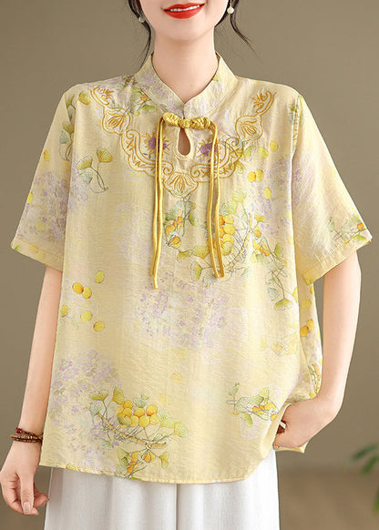 Yellow Tasseled Print Linen Blouses Summer Tm042