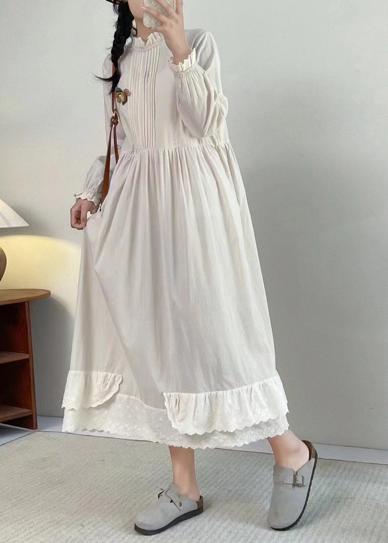 Apricot Stand Collar Ruffled Patchwork Wrinkled Long Dress Long Sleeve Bv050
