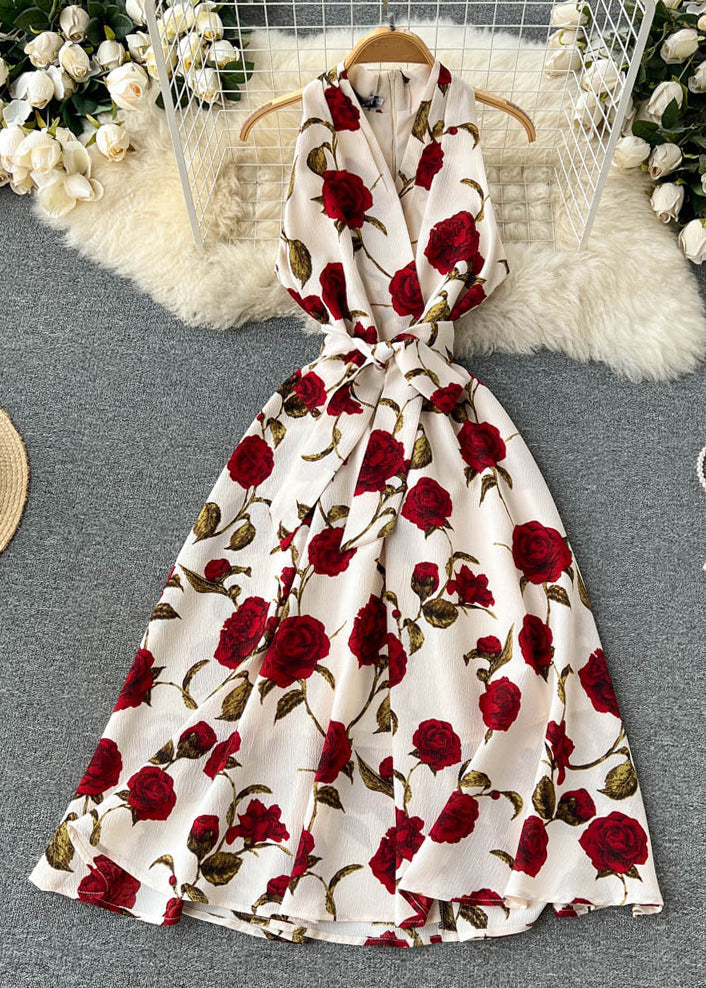 Apricot Zippered Print Chiffon Long Dress Sleeveless Tr049