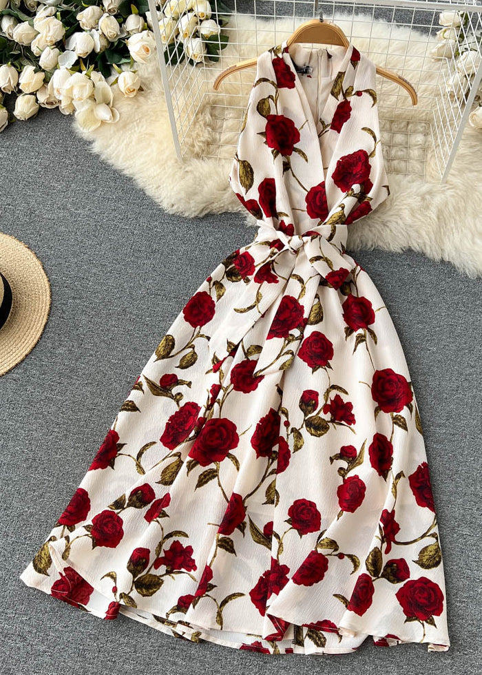 Apricot Zippered Print Chiffon Long Dress Sleeveless Tr049